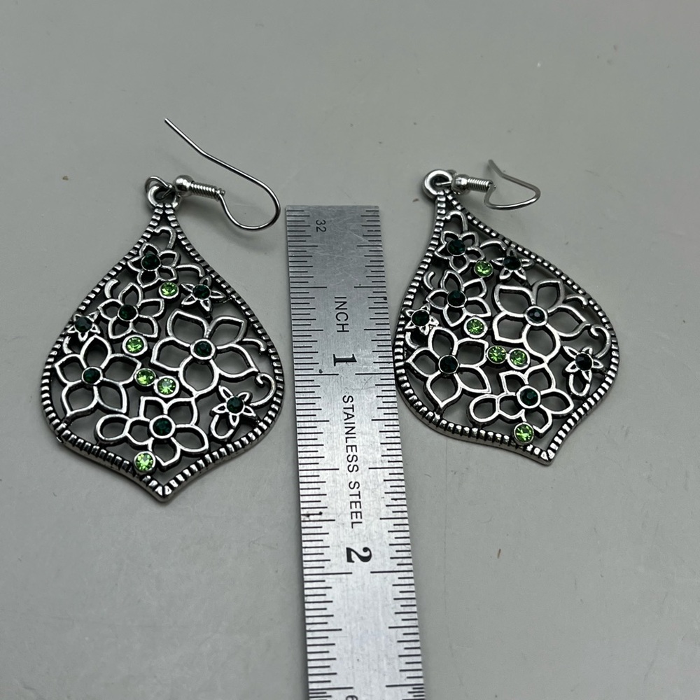 Fun Silver Floral Earrings with Green Accents - Picture 2 of 2